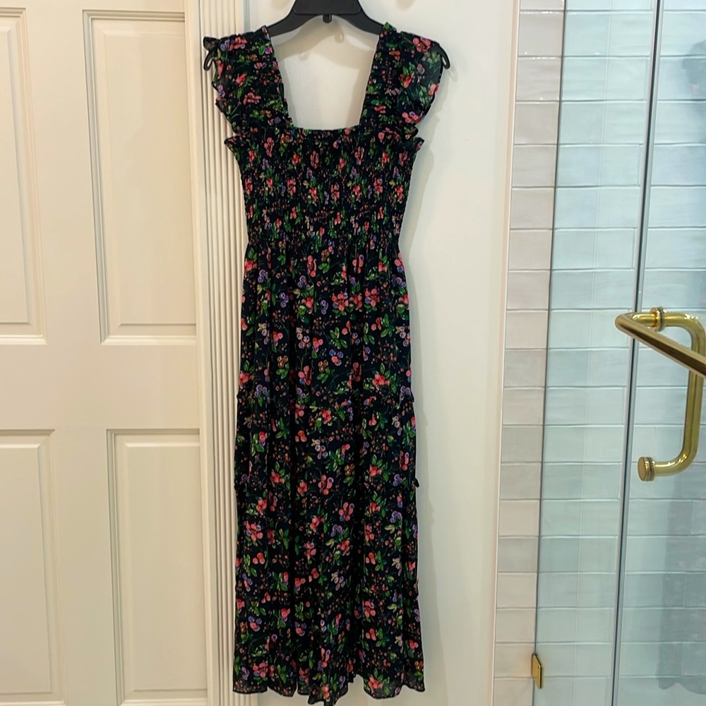 Hill House Black Midi Dress with Pink, Red and Green Floral Print
